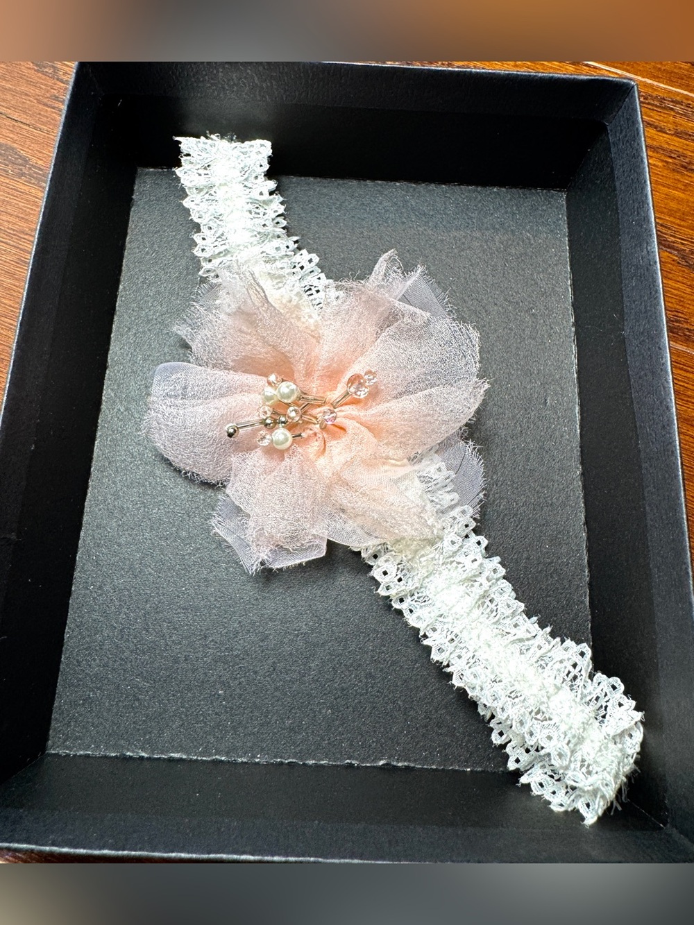 Garter bridal Delicate Lace Chemise Strap with Peach Flower Accent in box